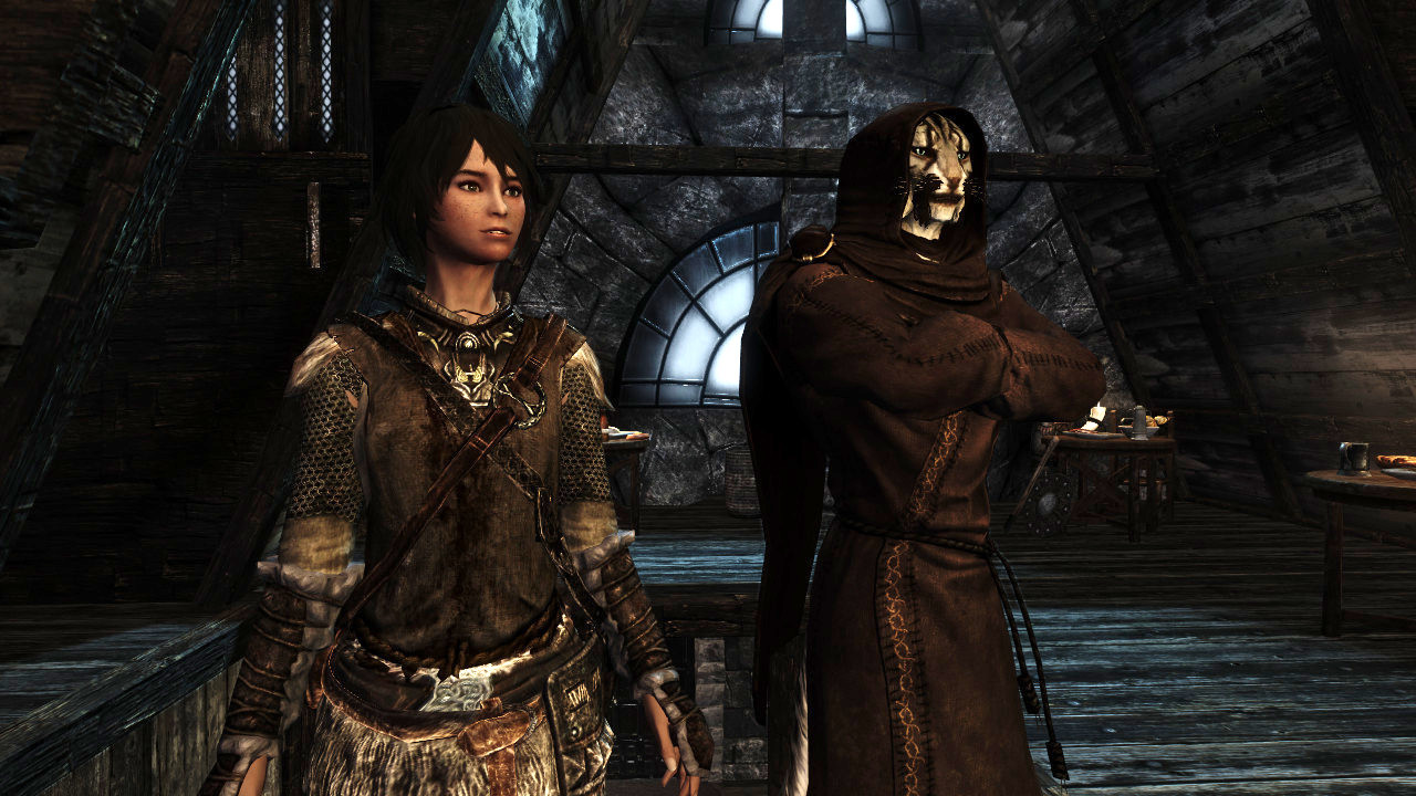 Mehra and J'zargo at Candlehearth Hall (Skyrim screenshot from October 2016) Mehra and J'zargo at Candlehearth Hall (Skyrim screenshot from October 2016)