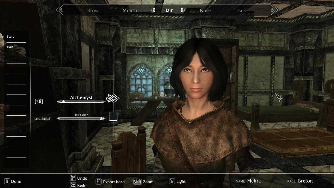 Mehra with Alchemyst hair from KS Hairdos (Skyrim screenshot) Mehra with Alchemyst hair from KS Hairdos (Skyrim screenshot)