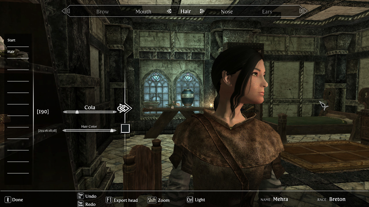 Mehra with Cola hair from KS Hairdos, side view (Skyrim screenshot) Mehra with Cola hair from KS Hairdos, side view (Skyrim screenshot)