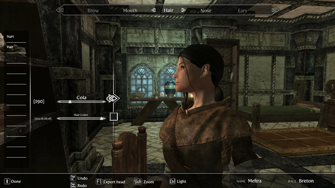 Mehra with Cola hair from KS Hairdos, side view (Skyrim screenshot) Mehra with Cola hair from KS Hairdos (Skyrim screenshot)